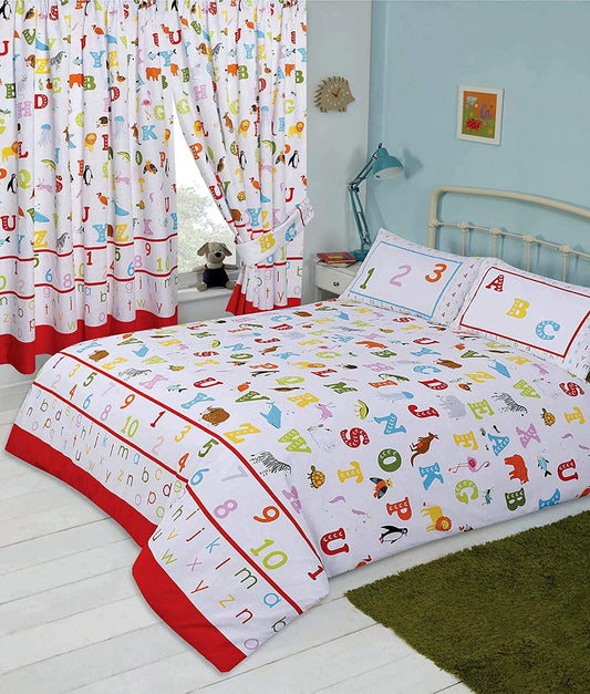 Single Bed Duvet Cover Set ABC 123 Letters Numbers Multicoloured Animals
