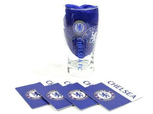 Chelsea F.C Mini Bar Set Gift Idea Coasters Towel Pint Glass