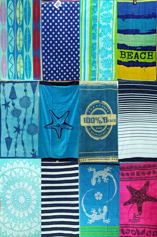 Assorted Designs Jumbo Beach Towels 100% Cotton Box Of 100