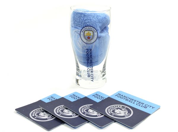 Manchester City F.C Mini Bar Set Gift Idea Coasters Towel Pint Glass