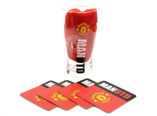 Manchester United F.C Mini Bar Set Gift Idea Coasters Towel Pint Glass