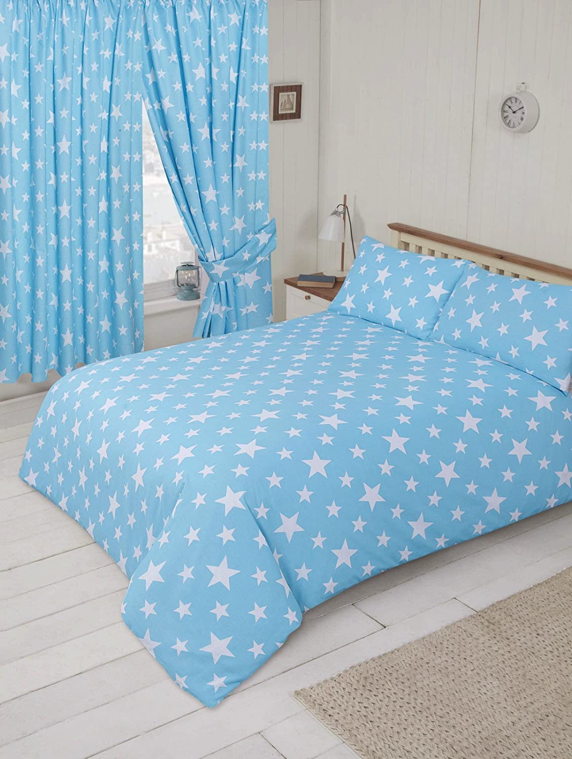 Single Bed Duvet Cover Set Stars Light Blue White Kids Bedding