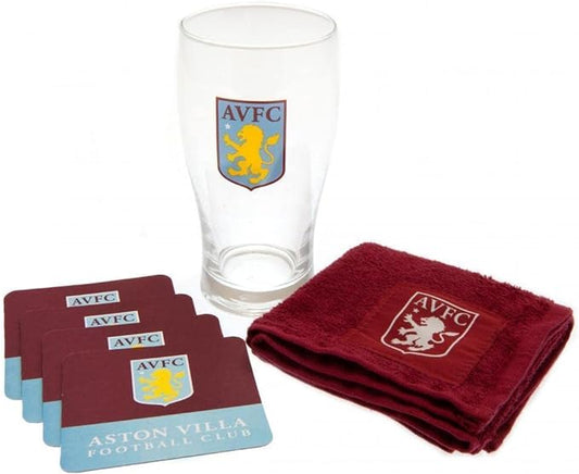 Aston Villa F.C Mini Bar Set Gift Idea AVFC Coasters Towel Pint Glass