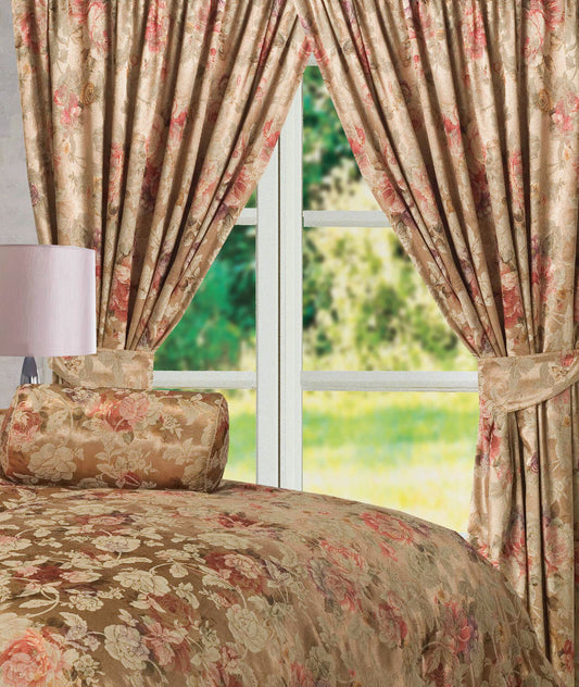Anastasia 66" x 72" Luxury Jacquard Fully Lined Pencil Pleat Curtains Gold Rose Floral