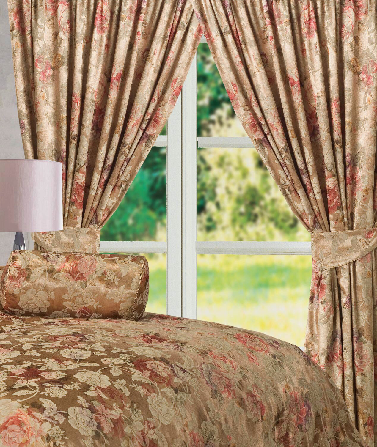 Anastasia 66" x 90" Luxury Jacquard Fully Lined Pencil Pleat Curtains Gold Rose Floral