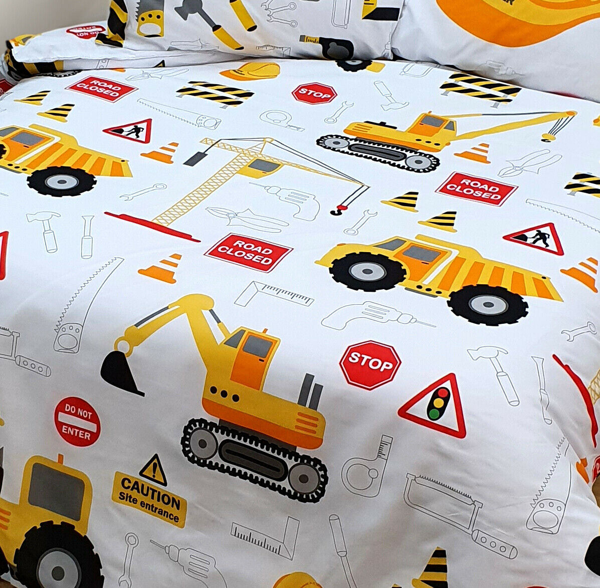 Junior Toddler Duvet Cover Set Construction JCB Diggers Tool Hammer Screw Reversible