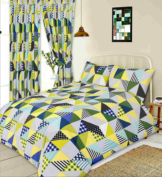 Double Bed Duvet Cover Set Geo Patchwork Lime Green
