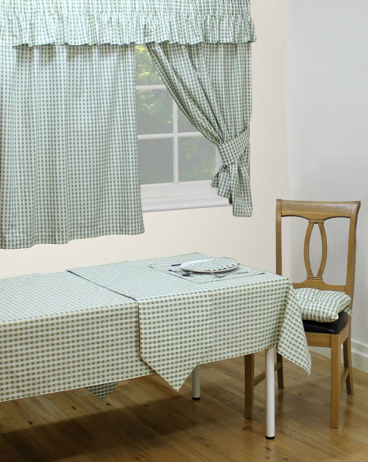 Gingham Check Sage Green 70" Round Table Cloth 6 - 8 Place Setting 100% Natural Cotton