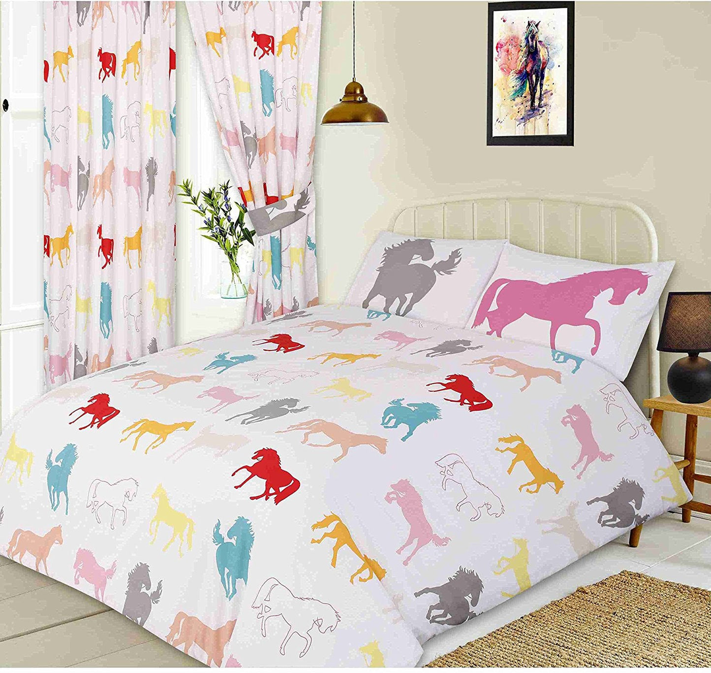 Super King Size Horses White Duvet Cover Set Pink Grey Teal Equestrian Bedding