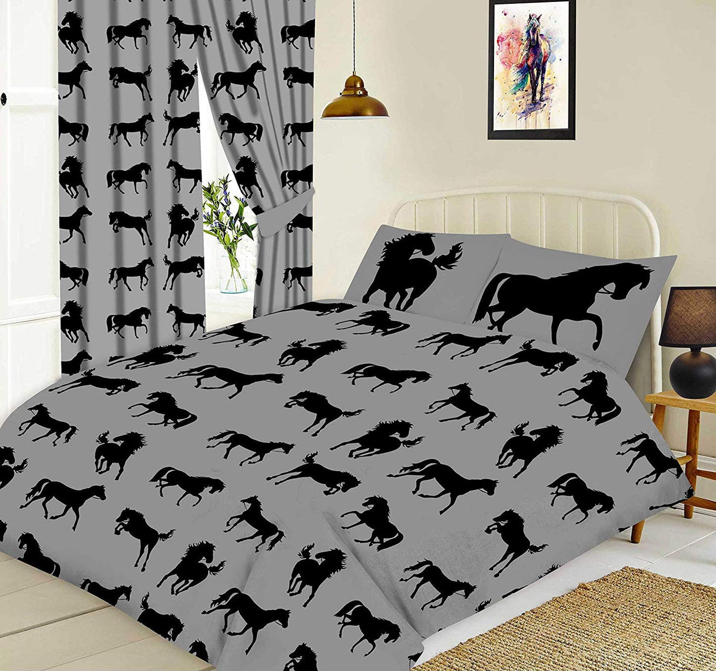 King Size Duvet Cover Set Horses Equestrian Grey