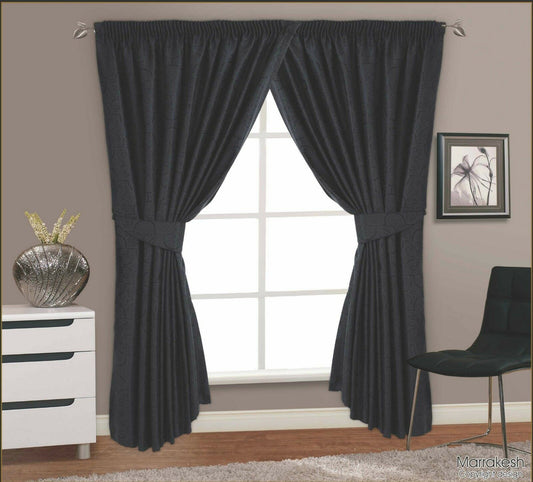 Marrakesh Black 66" x 54" Luxury Jacquard Pencil Pleat Curtains Fully Lined