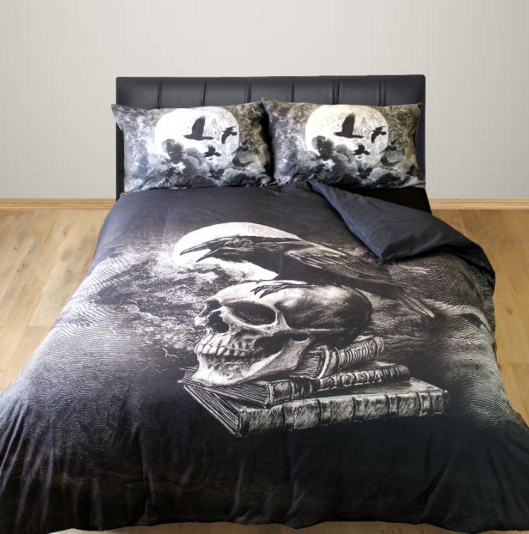 Alchemy Gothic King Size Duvet Cover Set Poe's Raven Skull Black Birds Crow