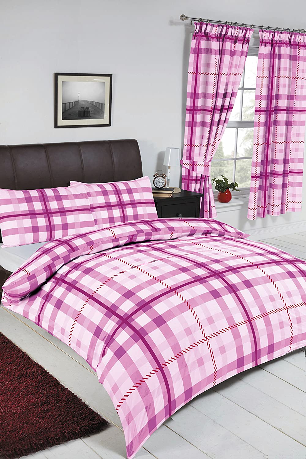 Super King Size Duvet Cover Set Stanford Mauve Purple Checked Bedding