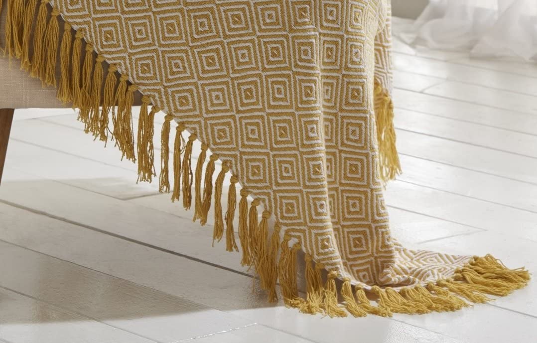 Ascot Throw Ochre Yellow Woven Tassel Ends 130cm x 170cm