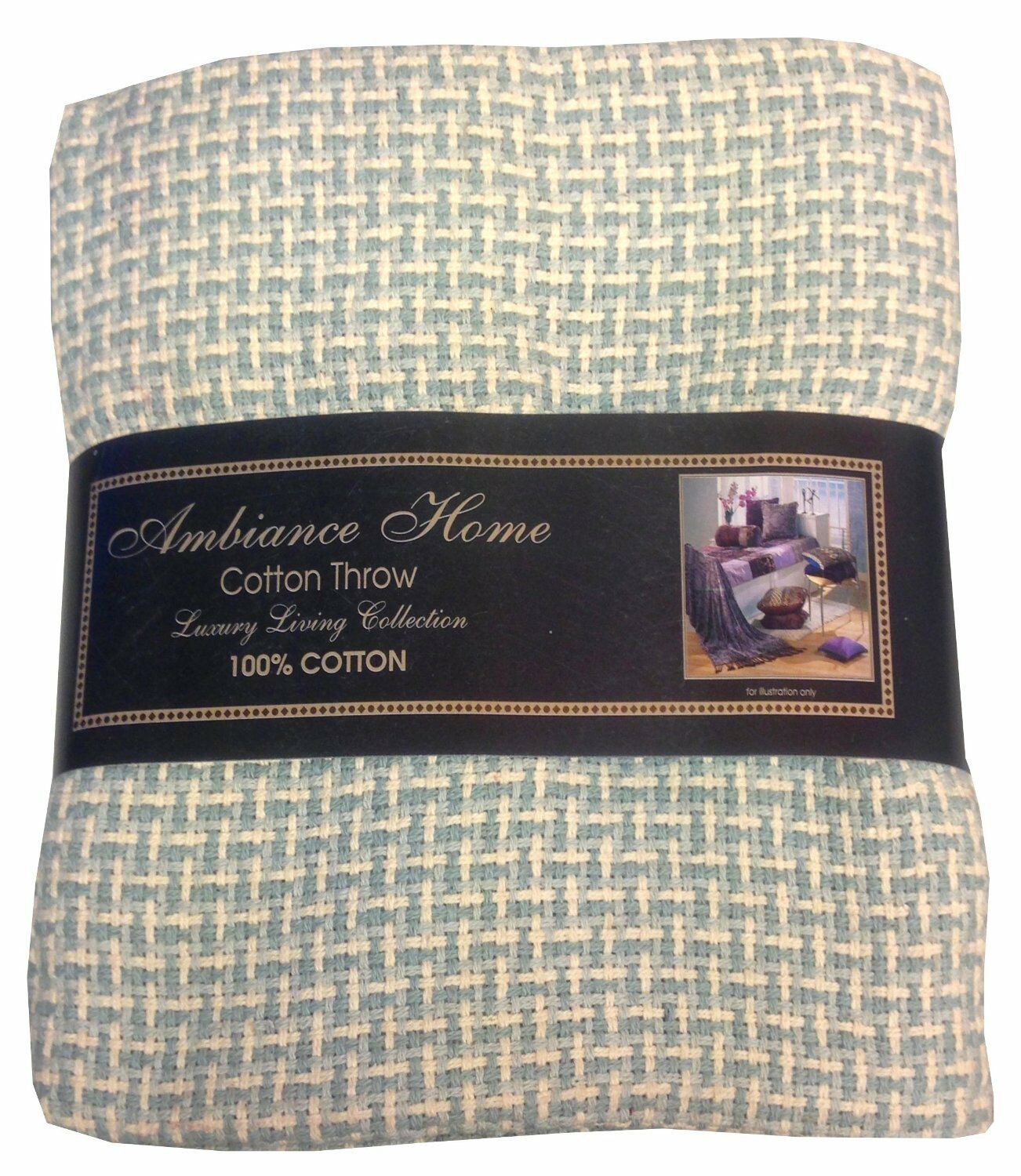 Basket Weave Throw 130cm x 180cm 100% Cotton Woven Tassel Ends Light Blue