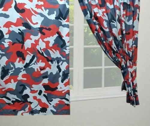Camouflage Red Grey 66" x 54" Unlined Pencil Pleat Curtains Army Green Cream