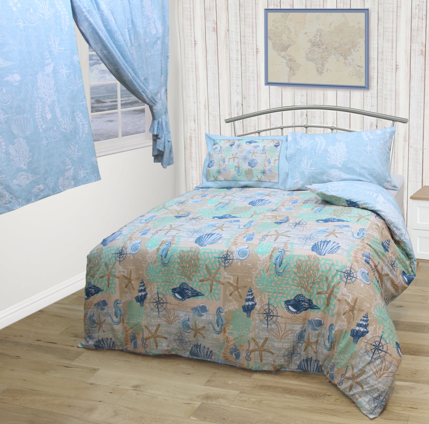 Single Bed Duvet Cover Set Coastal Seaside Reversible Blue Star Fish Sea Horse