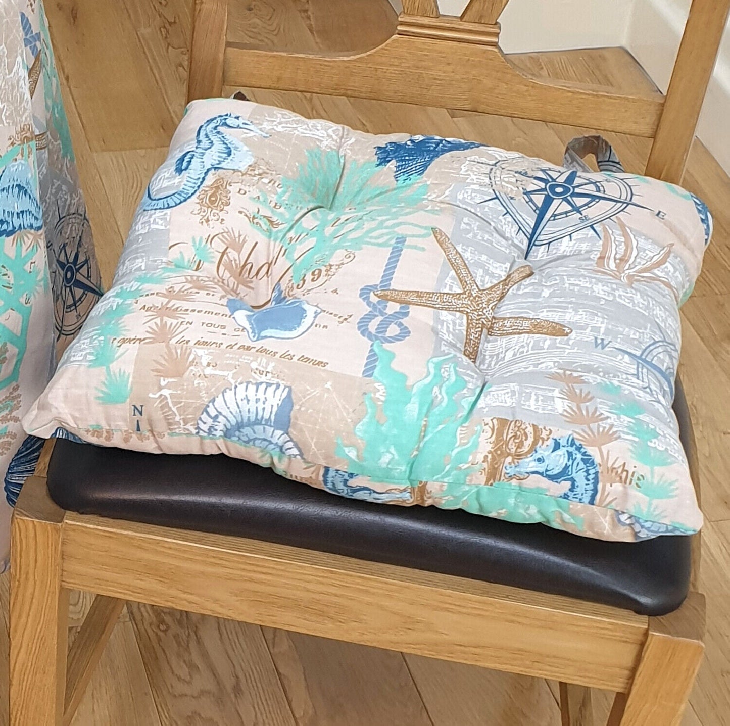 Coastal Nautical Compass Dining Chair Seat Pad Cushions 16" x 16" Pack Of 4