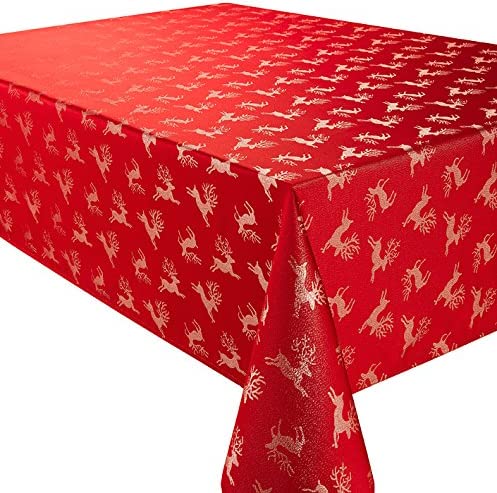 Christmas Deer Red Gold 70" x 108" Oblong Tablecloth 8 - 10 Place Setting Festive Dining