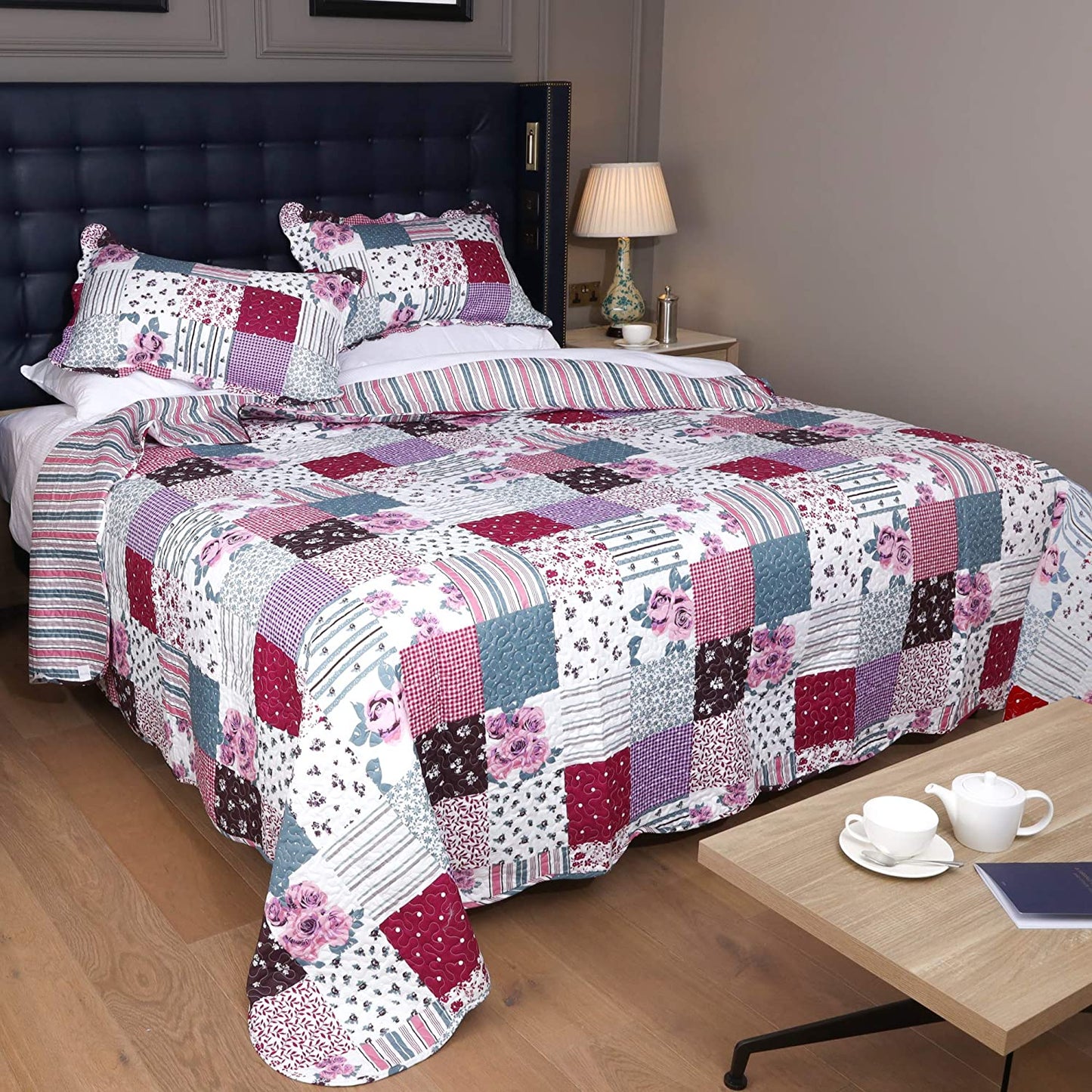 King Size Quilted Bedspread And Pillowshams Throw Over Freya Purple Patchwork 260cm x 260cm