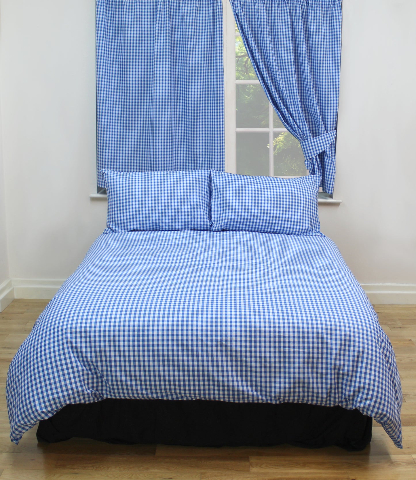King Size Gingham Check Blue White Duvet Cover Set 100% Natural Cotton