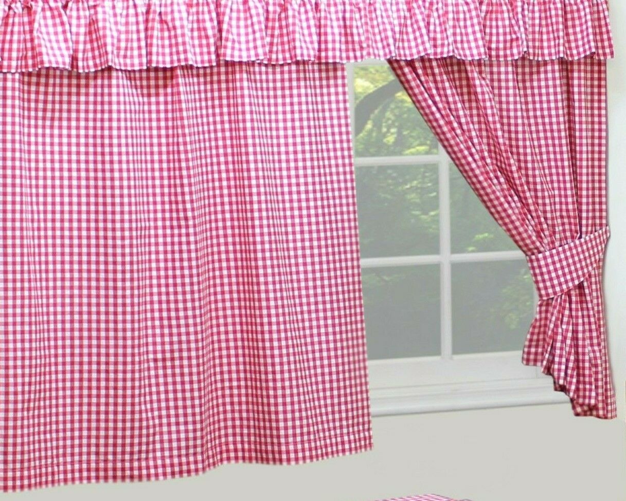 Gingham Check 46" x 48" Cherry Red White Unlined Pencil Pleat Curtains