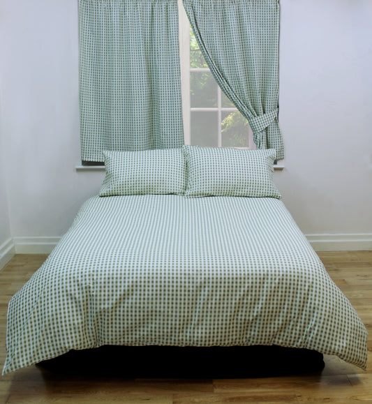 Single Bed Gingham Check Sage Green White Duvet Cover Set 100% Natural Cotton