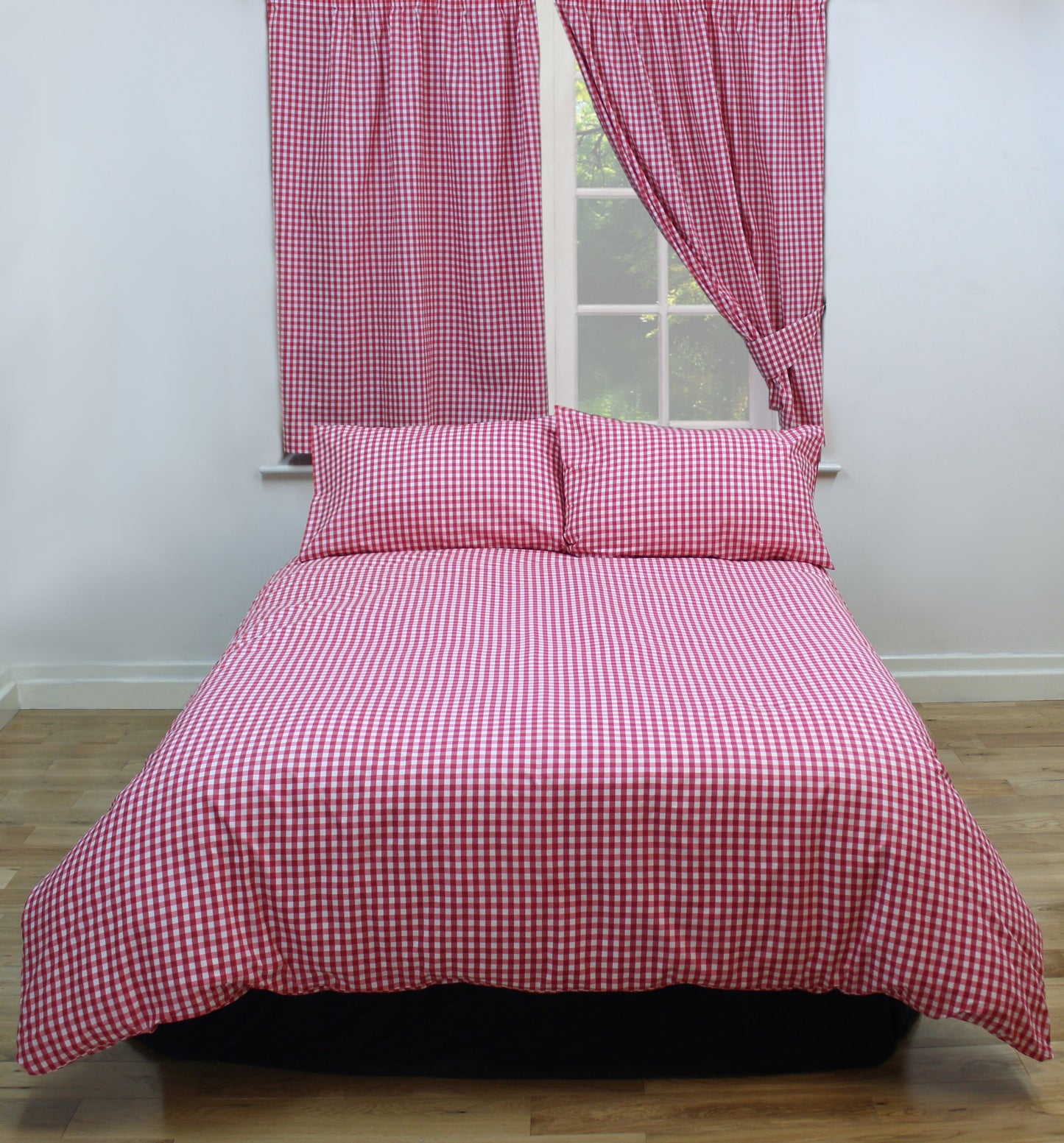 King Size Gingham Check Red Cherry White Duvet Cover Set 100% Natural Cotton