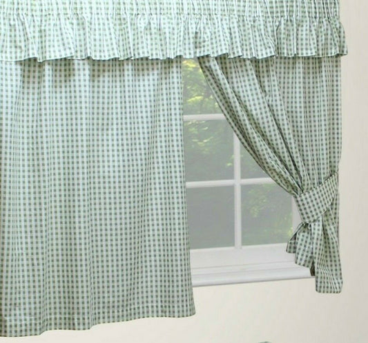 Gingham Check 66" x 54" Sage Green White Unlined Pencil Pleat Curtains