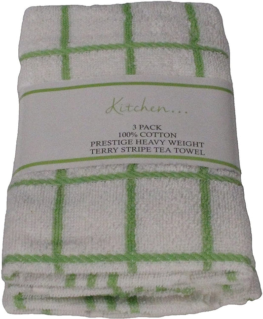 3 Pack 100% Cotton Green White Check Tea Towels