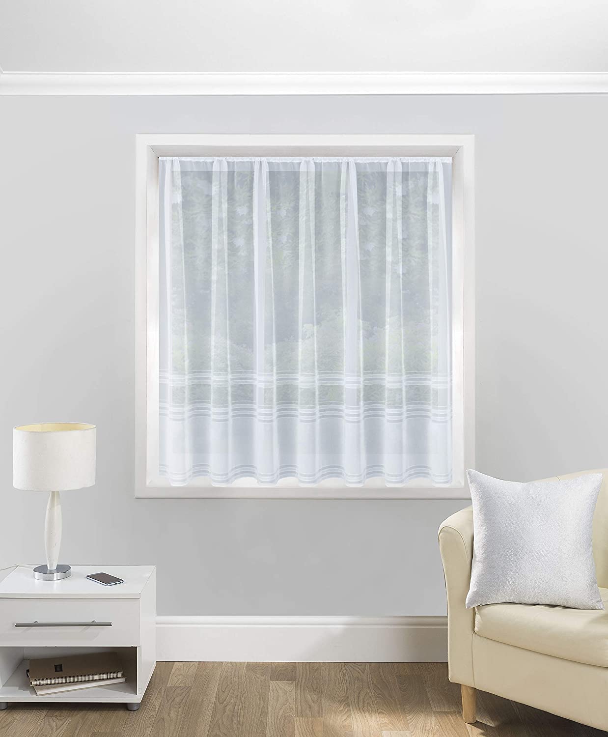 Hudson White Semi Plain Horizontal Base Stripe Net Curtain 5 Meters x 137cm