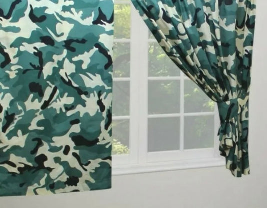 Camouflage Khaki 66" x 54" Unlined Pencil Pleat Curtains Army Green Cream