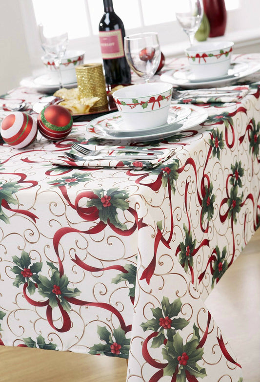 Joy Multi Christmas 70" x 90" Table Cloth 6 - 8 Place Setting Festive Dining