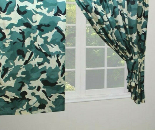 Camouflage Khaki 66" x 72" Unlined Pencil Pleat Curtains Army Green Cream