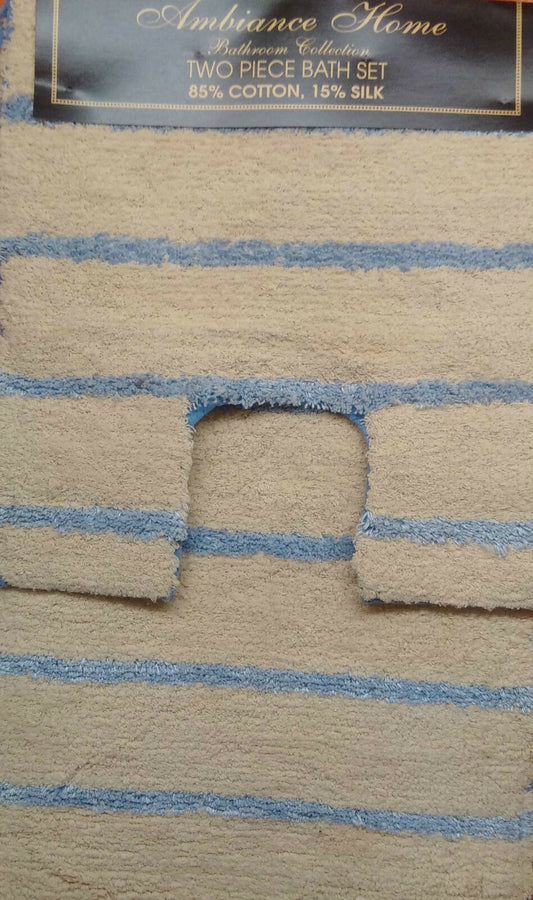 2 Piece Bathmat Set Natural Blue Stripes Cotton Silk