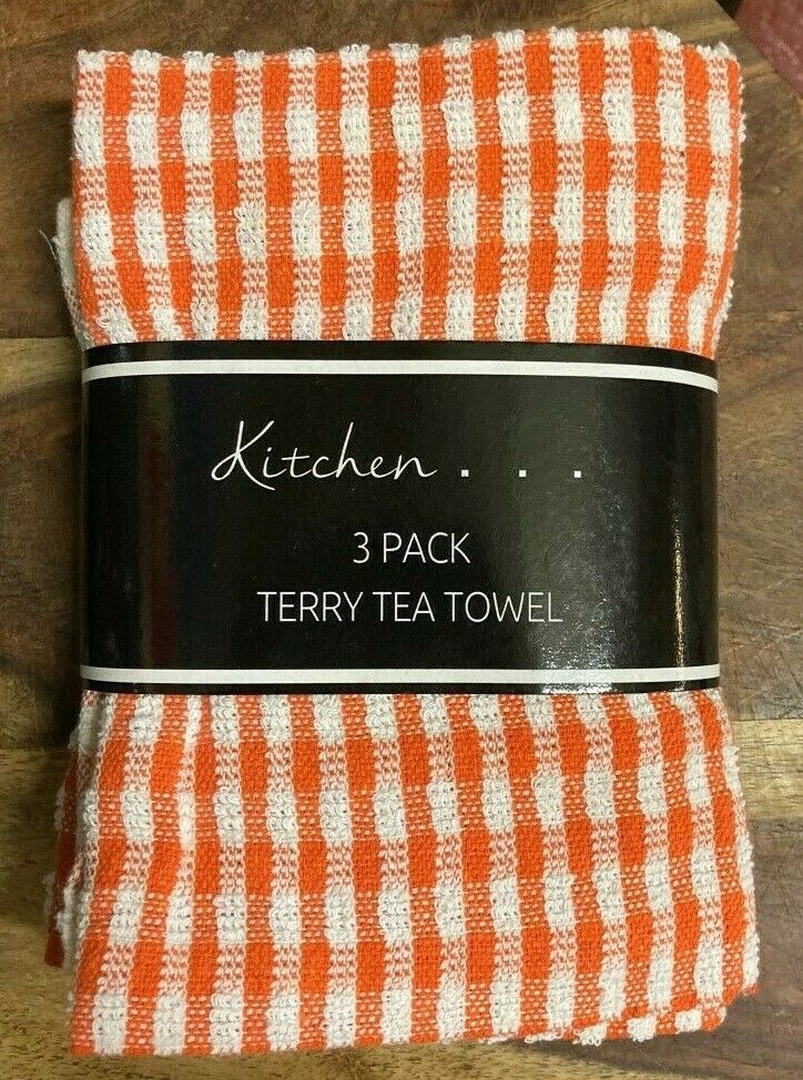 Pack Of 3 Fancy Check Terry Tea Towel Orange White 100% Cotton