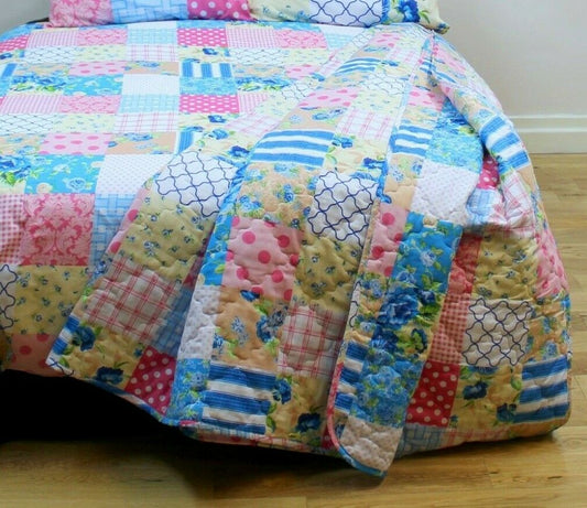 King Size Patchwork Blue Pink Quilted Bedspread Set Pillowshams