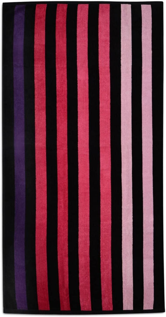 Large Beach Towel Velour Multi Striped Pink Purple Black Cerise 75cm x 150cm