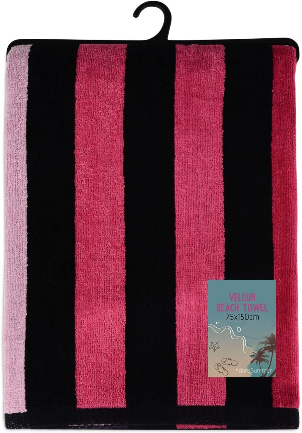 Large Beach Towel Velour Multi Striped Pink Purple Black Cerise 75cm x 150cm