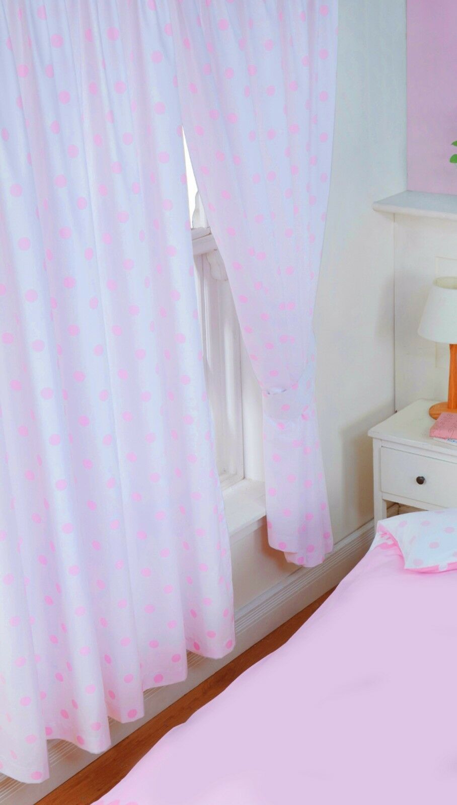 Polka Dot White Pink 66" x 72" Pencil Pleat Curtains Unlined With Tie Backs