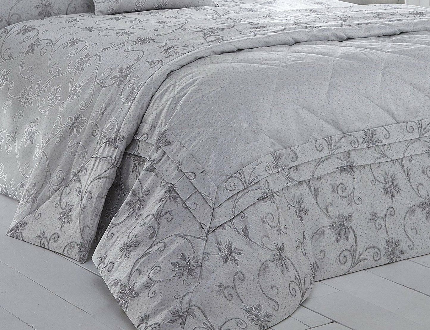 Ravina Silver Quilted Woven Jacquard Bedspread Throw Over