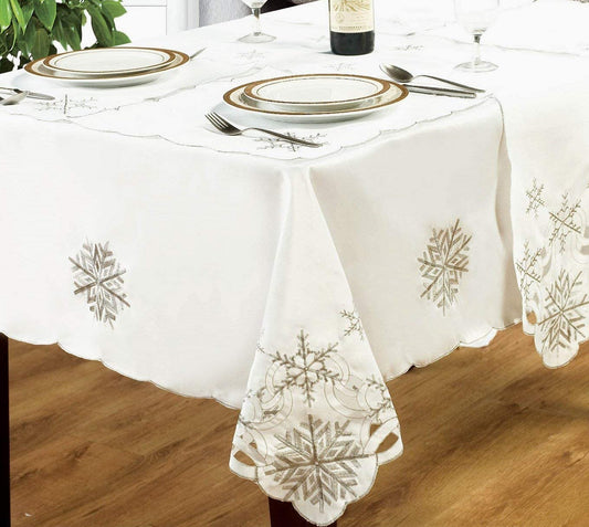 Snowflake 70" x 108" Tablecloth White Silver Festive Dining Christmas Party Embroidered Snowflake Detailing