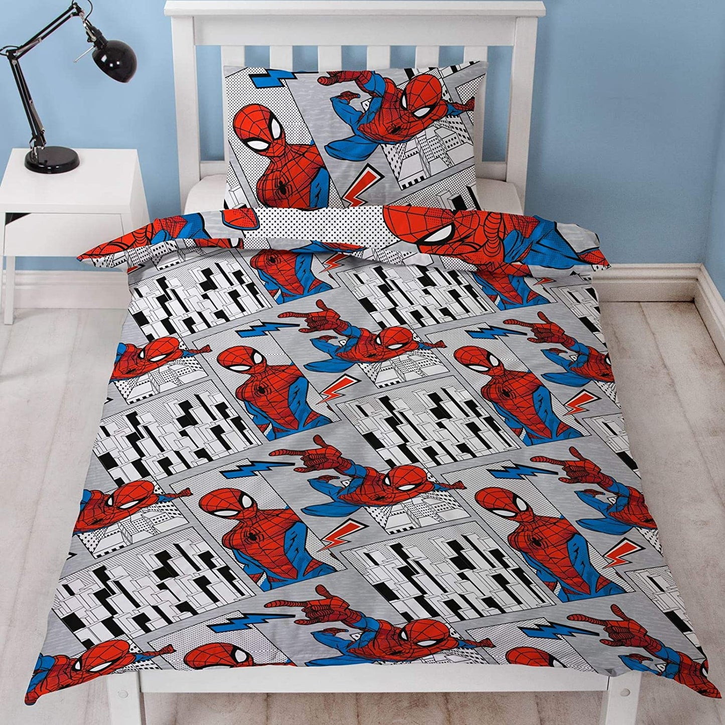 Single Bed Duvet Cover Set Spiderman City Grey Reversible Super Hero Bedding Set