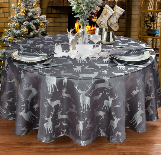 Large Stag Deer Grey Silver 70" Round Tablecloth 4 - 6 Place Setting Festive Dining