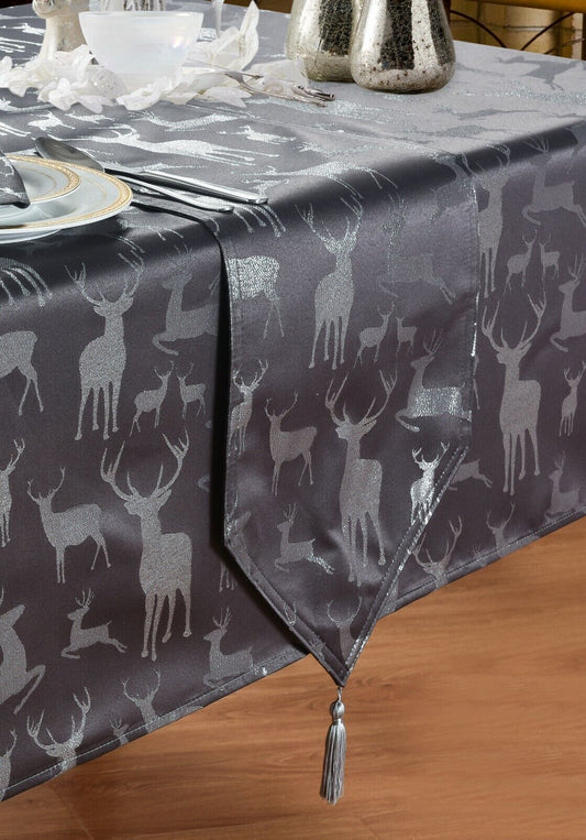Large Stag Deer Grey Silver Table Runner Tassel V End Festive Dining