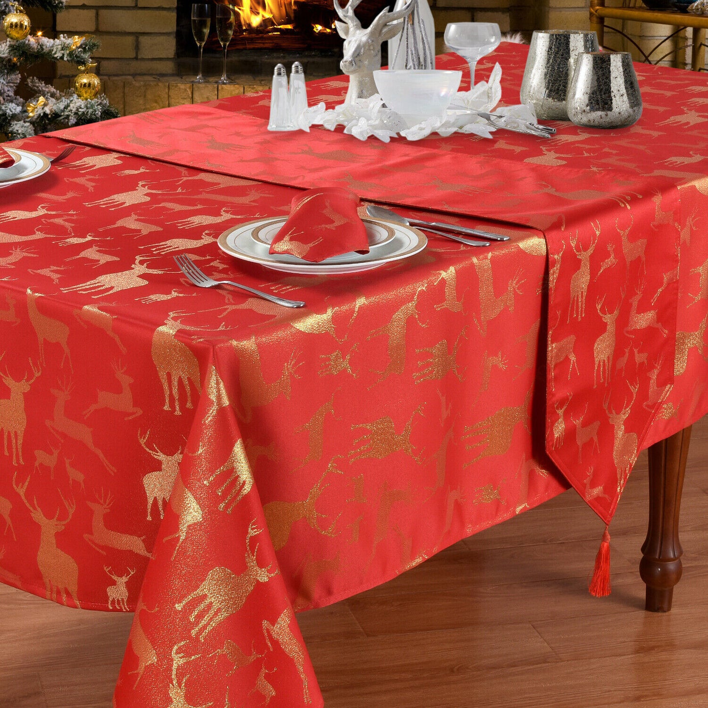 Large Stag Deer Red Gold Table Runner Tassel V End Festive Dining