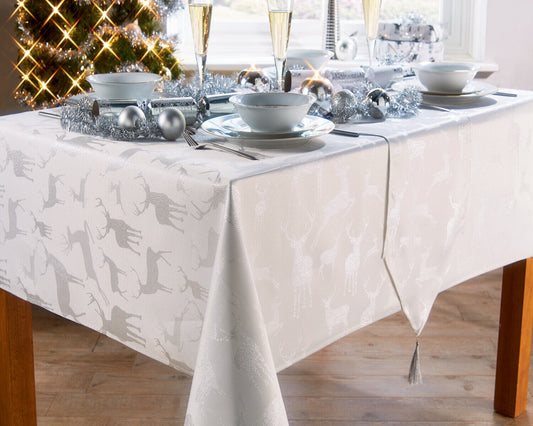 Large Stag Deer White Silver 70" x 108" Oblong Tablecloth 8 - 10 Place Setting Festive Dining