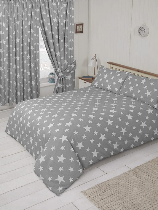 Single Bed Duvet Cover Set Stars Grey White