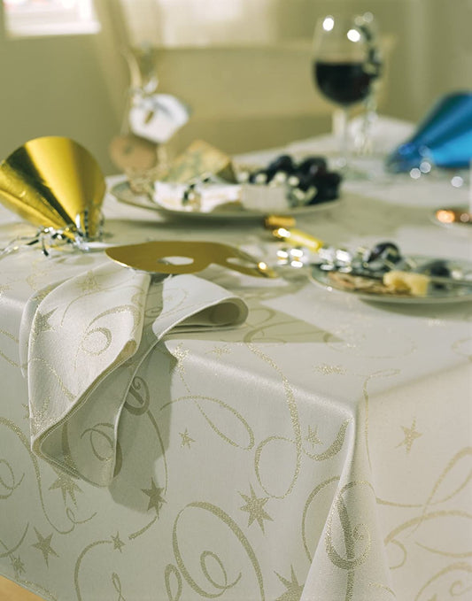 Christmas Stars Streamers 52" x 90" Cream Gold Tablecloth 6 - 8 Place Setting Festive Dining