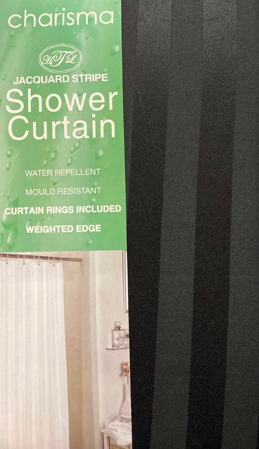 Black Shower Curtain Luxury Satin Stripe Rings Mould Resistant 182cm x 182cm